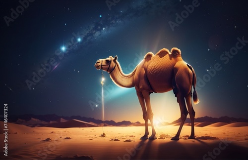 Camel at night in desert with stars