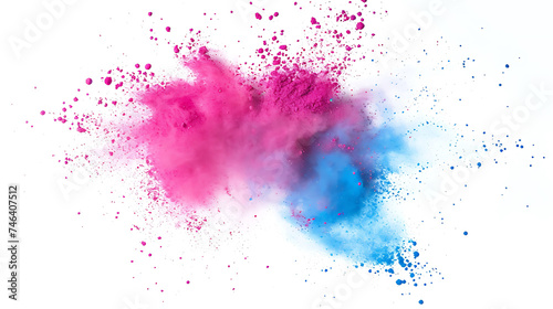 Holi colors Blue pink color powder explosion on white background