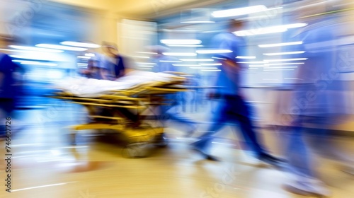 A motion-blurred photograph of a patient on a stretcher or gurney being pushed at speed through a hospital corridor by doctors and nurses to an emergency room © Sasint
