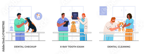 Male and female veterinarians perform dental checkup of dogs in clinic. Tooth Care, X-ray, brush teeth treatment. Flat style vector set illustration
