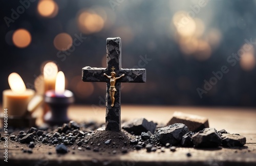 Christian cross made of charcoal dust with candlelight