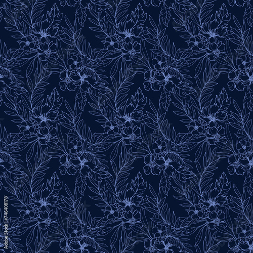 Vector hand drawn floral all over surface print with dark background, Modern unique colored flowers with leaves seamless repeat pattern