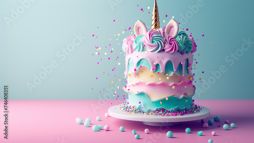 An ultra-high-definition image showcasing a whimsical unicorn birthday cake with pastel-colored fondant and shimmering edible glitter, set against a solid background in shades of pink and turquoise.