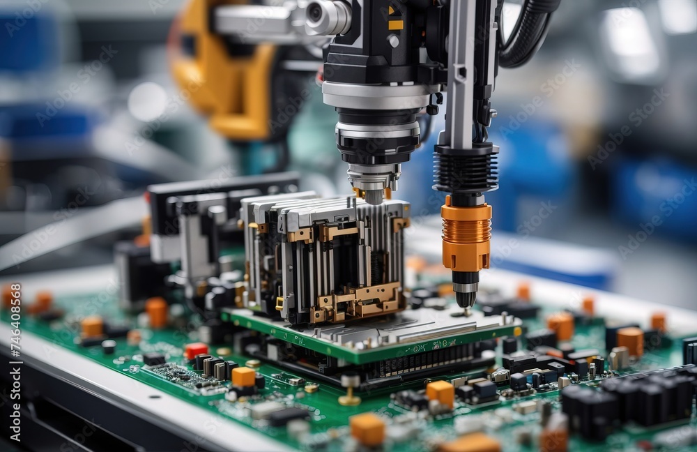 Automation industrial robot installing a central processing unit on a motherboard