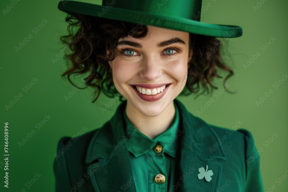Image of a bewitching woman with spiraled locks, wearing a festive ensemble and a leprechaun hat, a trefoil motif on her coat, smiling broadly, against an emerald setting. Generated AI Image of a bewitching woman with spiraled locks, wearing a festive ensemble and a leprechaun hat, a trefoil motif on her coat, smiling broadly, against an emerald setting. Generated AI
