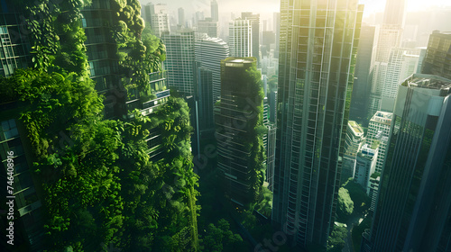 The world without human  buildings covered with green plants and lush and keep growing trees over the buildings  eco friendly business corporate buildings  environment earth day