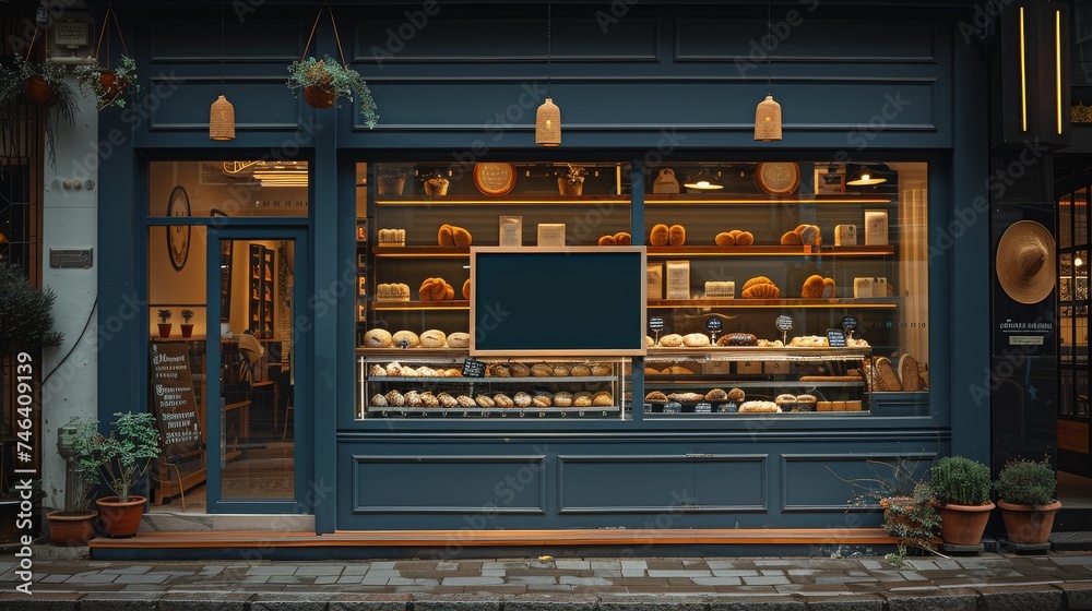 shows the exterior of a stylish, dark blue storefront