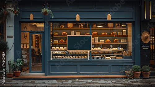 shows the exterior of a stylish  dark blue storefront