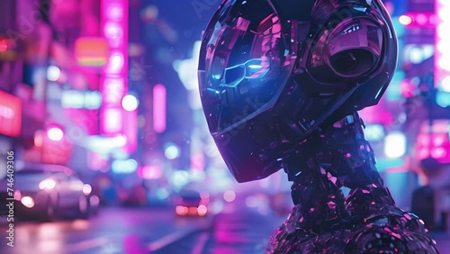 An otherworldly alien princess in a futuristic holographic jumpsuit and a sleek metallic mask covering her face. In the background a futuristic cityscape with neon lights photo