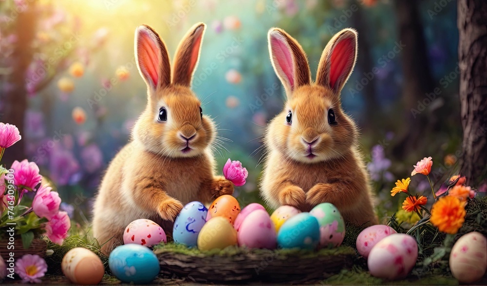 Cute two servant rabbits are happy and smiled and played around the Easter eggs with colorful spring flowers. In the forest, amazing lighting sunset. wide angle shooting by camera with high resolution Cute two servant rabbits are happy and smiled and played around the Easter eggs with colorful spring flowers. In the forest, amazing lighting sunset. wide angle shooting by camera with high resolution