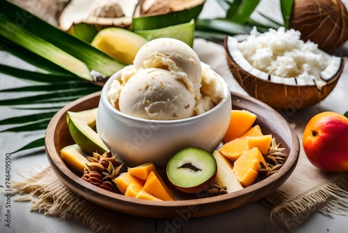 the creaminess of a coconut milk-based vegan ice cream in a bowl, garnished with coconut flakes and tropical fruits, creating a visually stunning and dairy-free summer dessert
