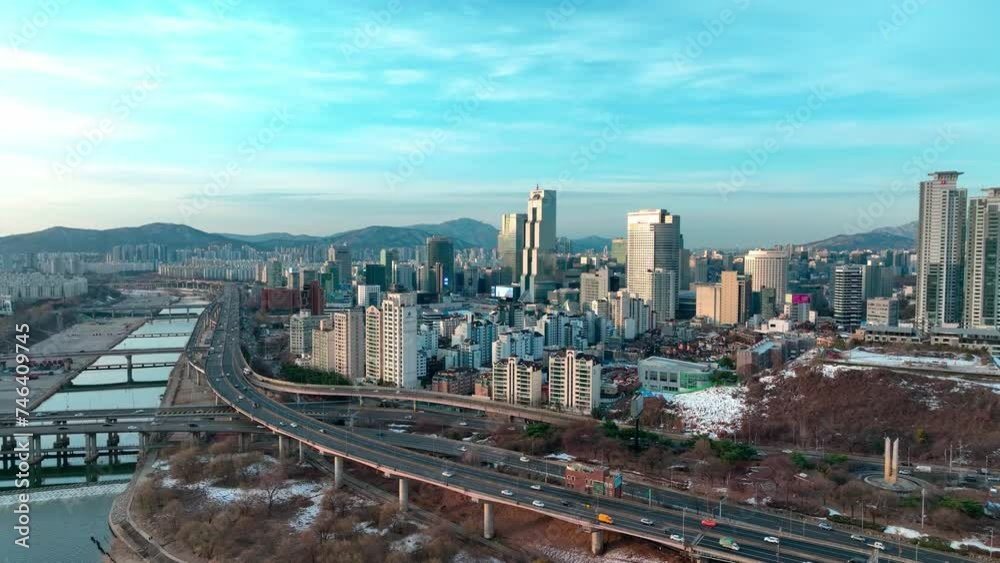 Drone View of Seoul city in South Korea, Gangnam road 60fps, winter, sunrise Drone View of Seoul city in South Korea, Gangnam road 60fps, winter, sunrise