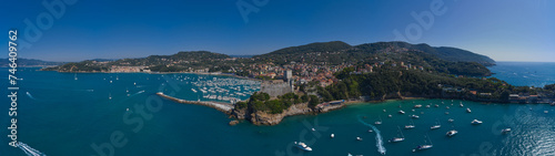 Cityscape of Lerici Tourist resorts on the coast of the Gulf of La Spezia, Mediterranean sea, Liguria, Italy. Italian resorts on the Ligurian coast aerial view. Aerial panorama of the city of Lerici.