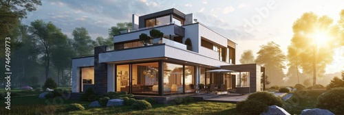 Spacious Suburban Residence: 3D Render of Modern Family Home with Extensive Property