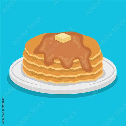 Flat vector illustration of pancakes on white plate with honey, maple syrup, and butter