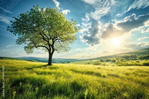 Tranquil Spring  A Colorful Landscape with Solitary Tree  Lush Meadow  and Blue Sky