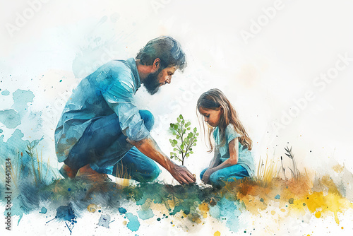 watercolor painting of father and his daughter planting a tree  copy space  pastel color