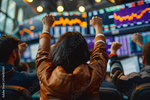closeup of people cheering for the stock prices and chart showing inclining on big glass screens, at the stock market office
