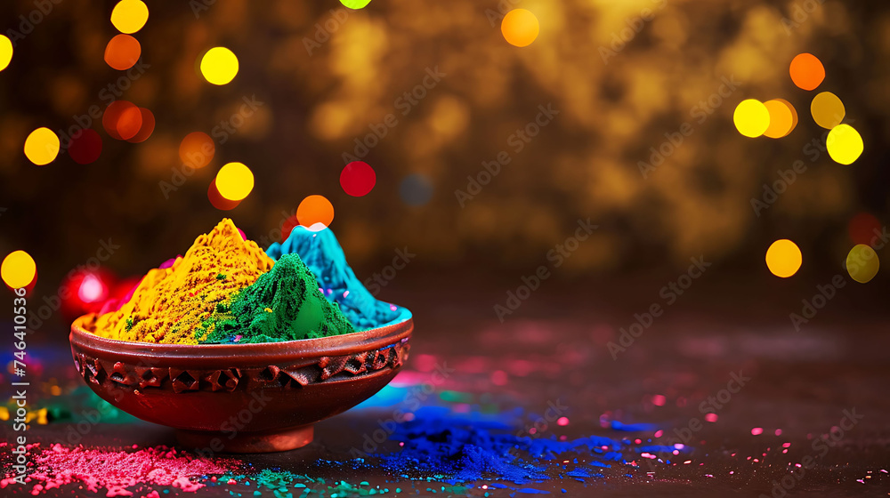 Colorful traditional Holi powder in bowls - obrazy, fototapety, plakaty 