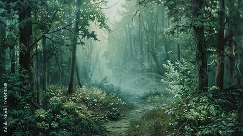 Misty green dense forest, a gloomy dream in the.