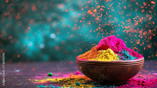 Colorful traditional Holi powder in bowls photo