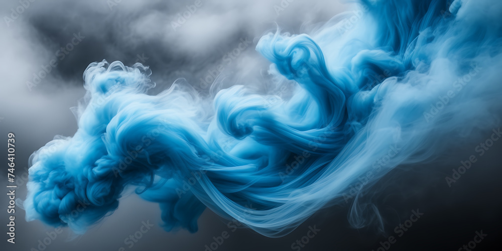 Image showcasing the intricate movement of azure smoke tendrils against a backdrop of stormy gray. - obrazy, fototapety, plakaty 