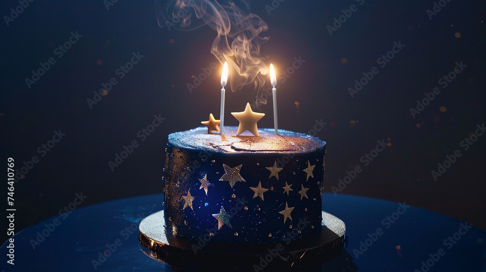 Φωτογραφία A detailed UHD capture of a birthday cake inspired by celestial beauty, featuring hand-painted constellations and shimmering edible stars, set against a solid background in midnight blue