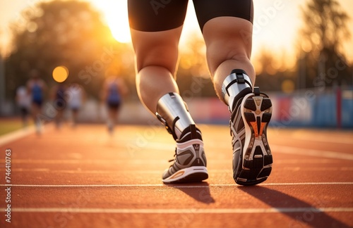 Disabled athlete with a prosthetic leg, running in track