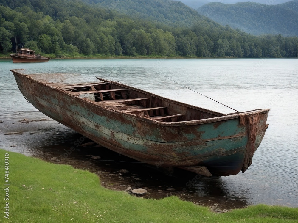 Free picture of an ancient, rusted fishing boat on the lake's sloping shore