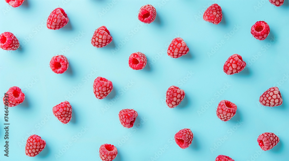 Bright vibrant red frozen raspberries on light blue background. Top view. Summer fresh wallpaper. Bright vibrant red frozen raspberries on light blue background. Top view. Summer fresh wallpaper.