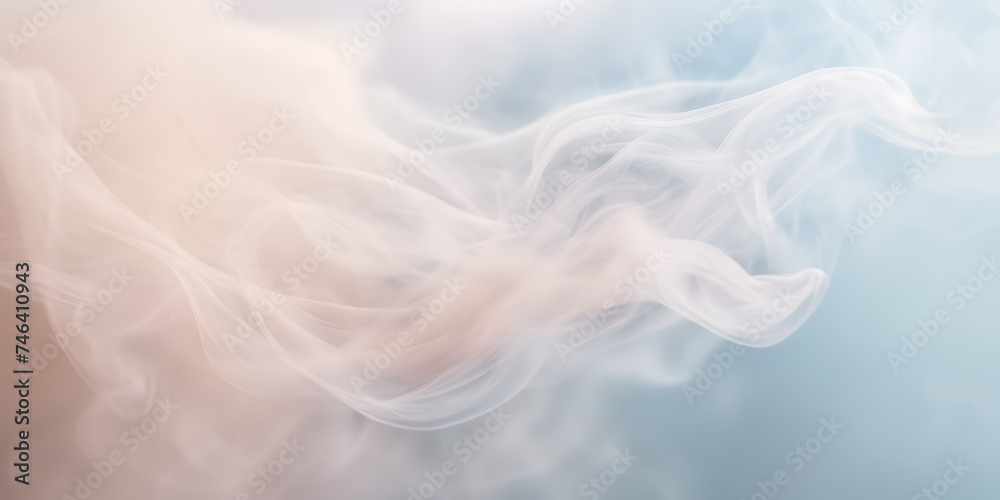 Close-up photograph of delicate wisps of smoke gently unfurling against a background of soft, pastel hues. - obrazy, fototapety, plakaty 