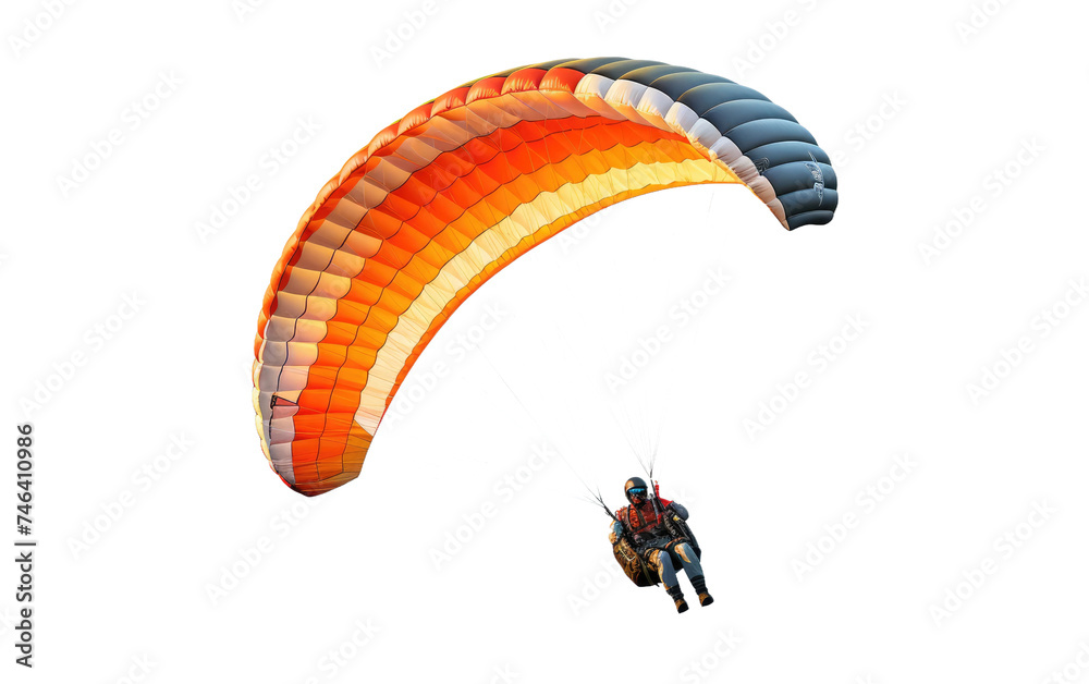 Fototapeta premium Man Parasailing in the Air. He is soaring high above, attached to a parachute pulled by a boat below. on a White or Clear Surface PNG Transparent Background.