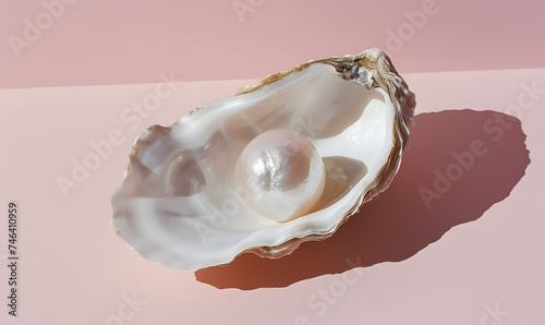 Oyster with pearl isolated on light pink background