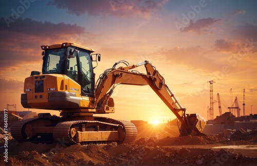 Excavator at work during a beautiful sunset on a construction site