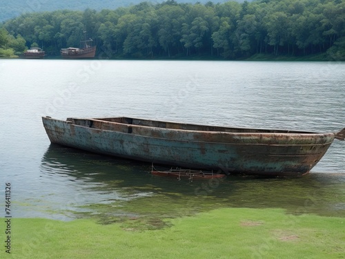 Free picture of an ancient  rusted fishing boat on the lake s sloping shore