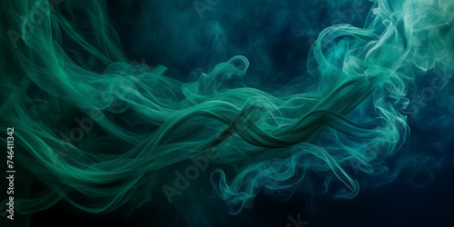 Image showcasing the mesmerizing dance of emerald green smoke tendrils against a canvas of deep navy blue.