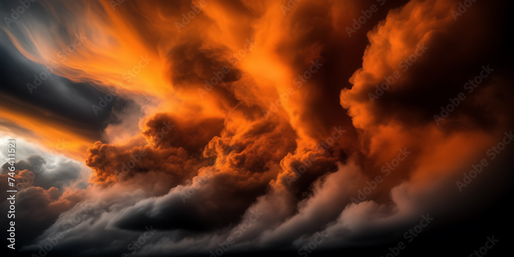 Photograph capturing the dynamic movement of vibrant orange smoke against a backdrop of dark, stormy clouds.