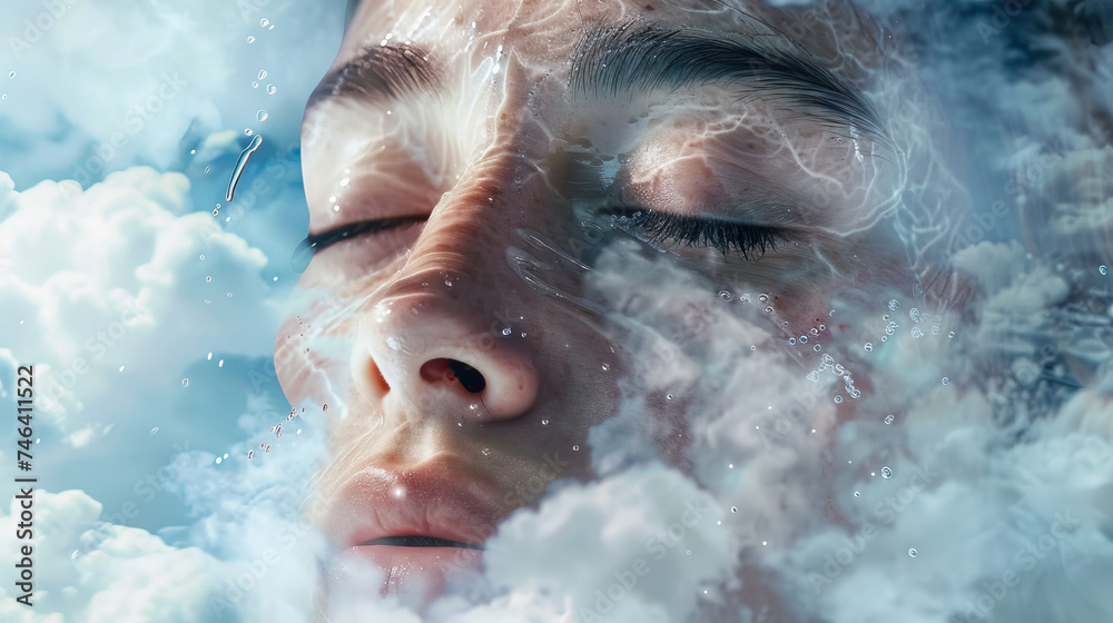 Floating in Dreams: Close-up of a Hispanic Woman with Eyes Closed, Imagining Herself Floating Among the Clouds. Concept of Imagination and Freedom