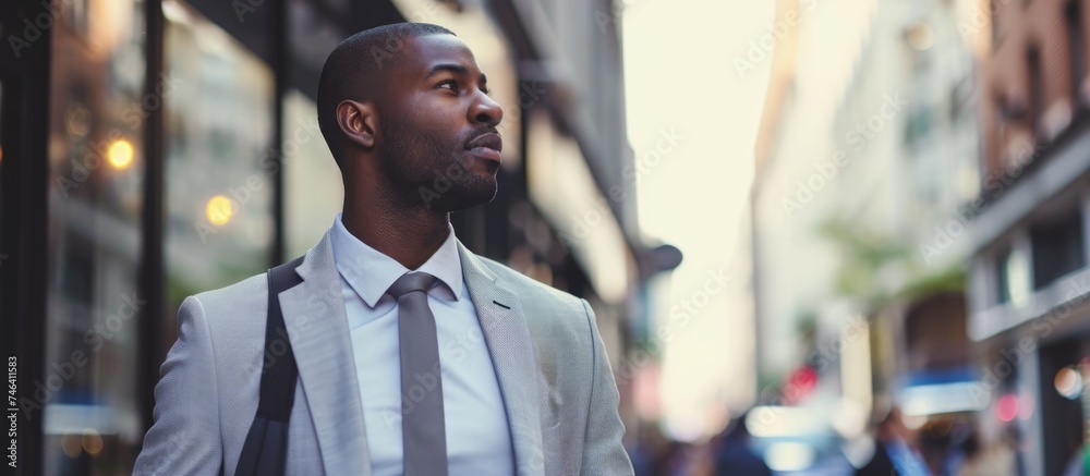 Elegantly dressed black man strolling in city, glancing sideways.