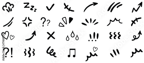 Line movement effect element, cartoon emotion effect decoration icon. Hand drawn cute doodle line element arrow, emphasis, shock, sparkle. Anime movement, express shape. Vector illustration.
