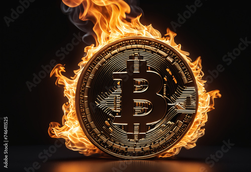 Bitcoin emblem on fire. Gen...