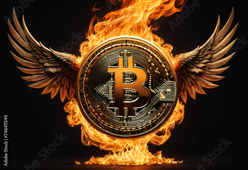 Bitcoin emblem on fire. Gen...