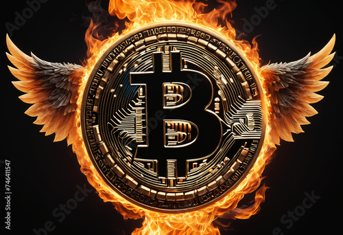 Bitcoin emblem on fire. Gen...