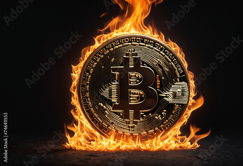 Bitcoin emblem on fire. Gen...