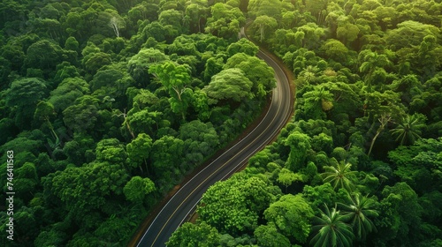 Aerial view green forest and asphalt road, Top view forest road going through the forest with car adventure, Ecosystem ecology healthy environment road trip travel.