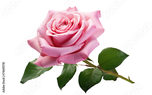 A vibrant pink rose with delicate green leaves is beautifully contrasted. The petals of the rose are in full bloom. on a White or Clear Surface PNG Transparent Background.