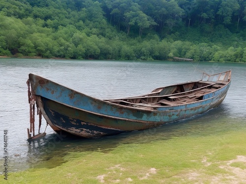 Free picture of an ancient  rusted fishing boat on the lake s sloping shore