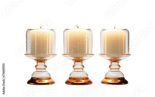 Three Glass Candles Stacked Up Three clear glass candles are neatly stacked on top of each other. The candles are of different sizes and shapes. on a White or Clear Surface PNG Transparent Background.