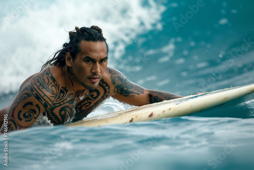 tattooed maori man is surfing on a wave on surfboard, water drops, white and aquamarine photo