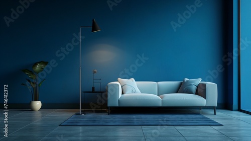 Modern interior navy-colored linving room.  Generative AI photo